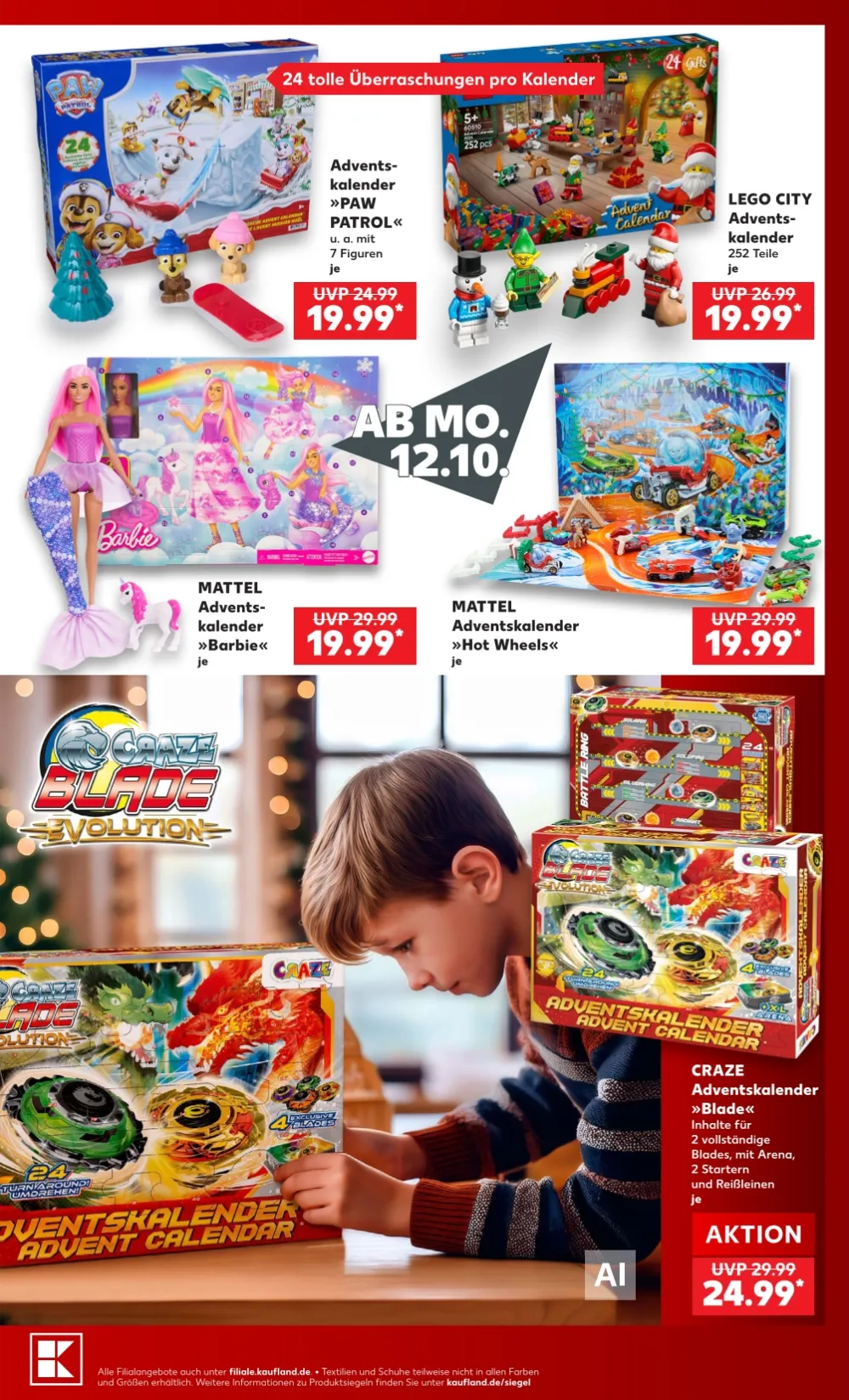 Kaufland Prospekt, Seite 3 Adventskalender von Paw Patrol, Lego City, Barbie, Hot Wheels und Craze, KW 43