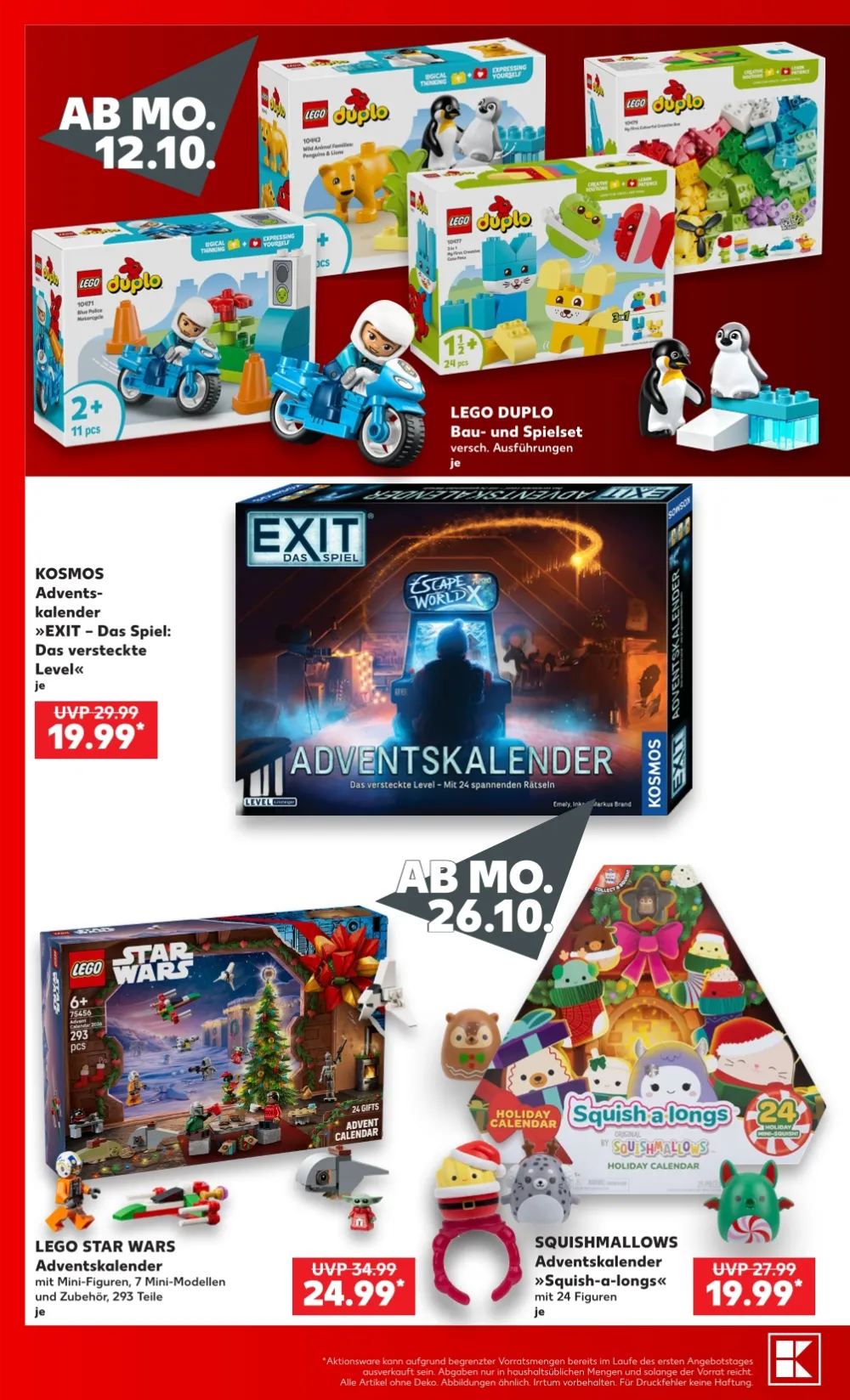 Kaufland Prospekt, Seite 4 Lego Duplo Bausets, Kosmos EXIT Spiel, Lego Star Wars und Squishmallows, KW 43