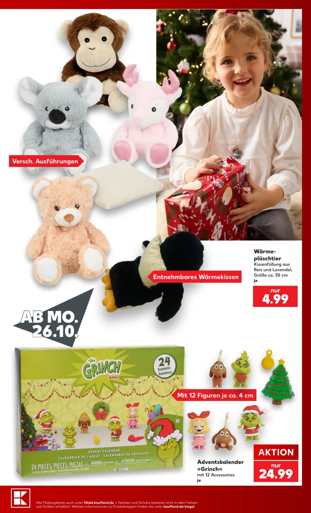 Kaufland Prospekt, Seite 5 Wärme-Plüschtiere mit Kissenfüllung und The Grinch Adventskalender, KW 43