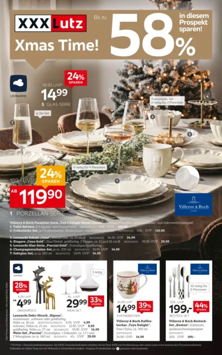 XXXLutz Weihnachten Prospekt 2026 XXXLutz Weihnachten Prospekt ab 26.09.2026 Seite 1 mit Porzellan-Serie, Glas-Serie, Dekohirsch und Besteck-Set.