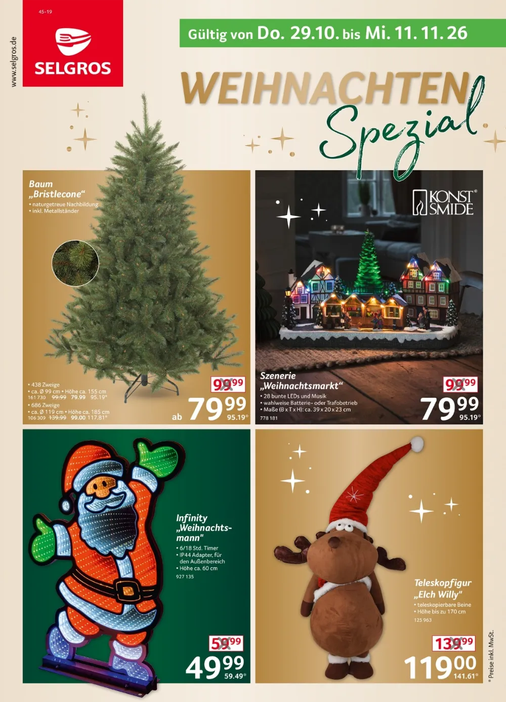 Selgros Prospekt ab 29.10.2026 Seite 1 mit Weihnachtsbaum, Szenerie, Infinity Weihnachtsmann und Teleskopfigur