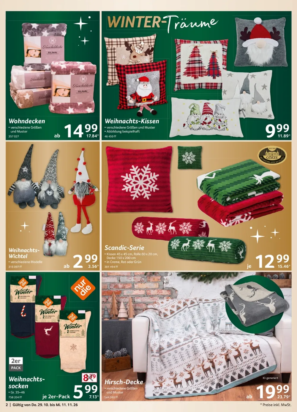 Selgros Prospekt Seite 2 mit Wohndecken, Weihnachts-Kissen, Weihnachtswichteln, Scandic-Serie und Socken