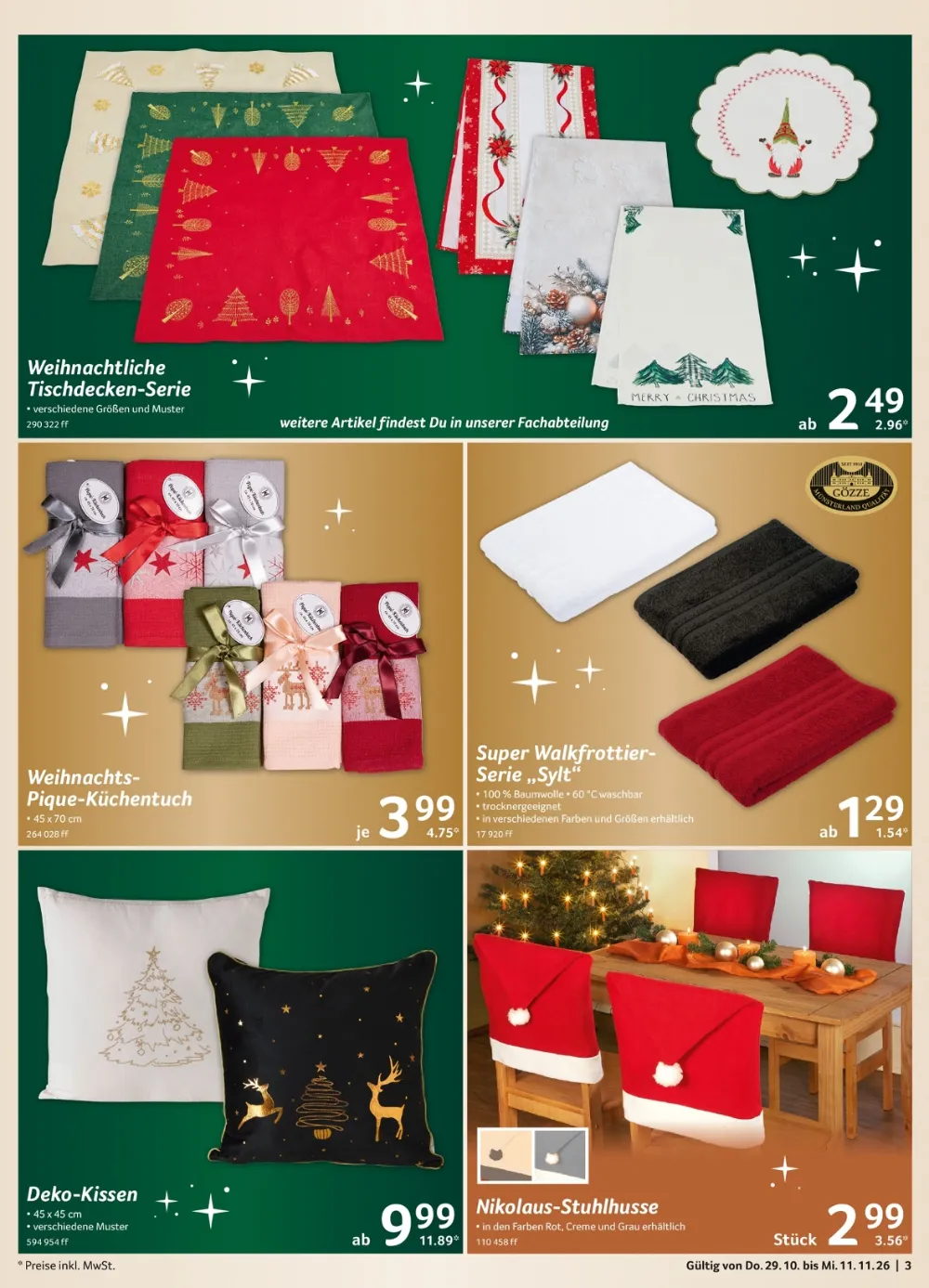Selgros Prospekt Seite 3 mit Weihnachtlichen Tischdecken, Weihnachtstüchern, Walkfrottier-Serie, Kissen und Stuhlhussen