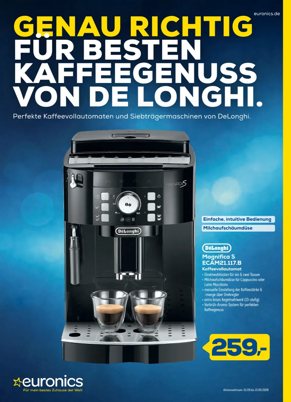Euronics Angebote ab 01 09 2026 Seite 1 mit Angeboten für DeLonghi Magnifica S Kaffeevollautomat mit Milchaufschäumdüse