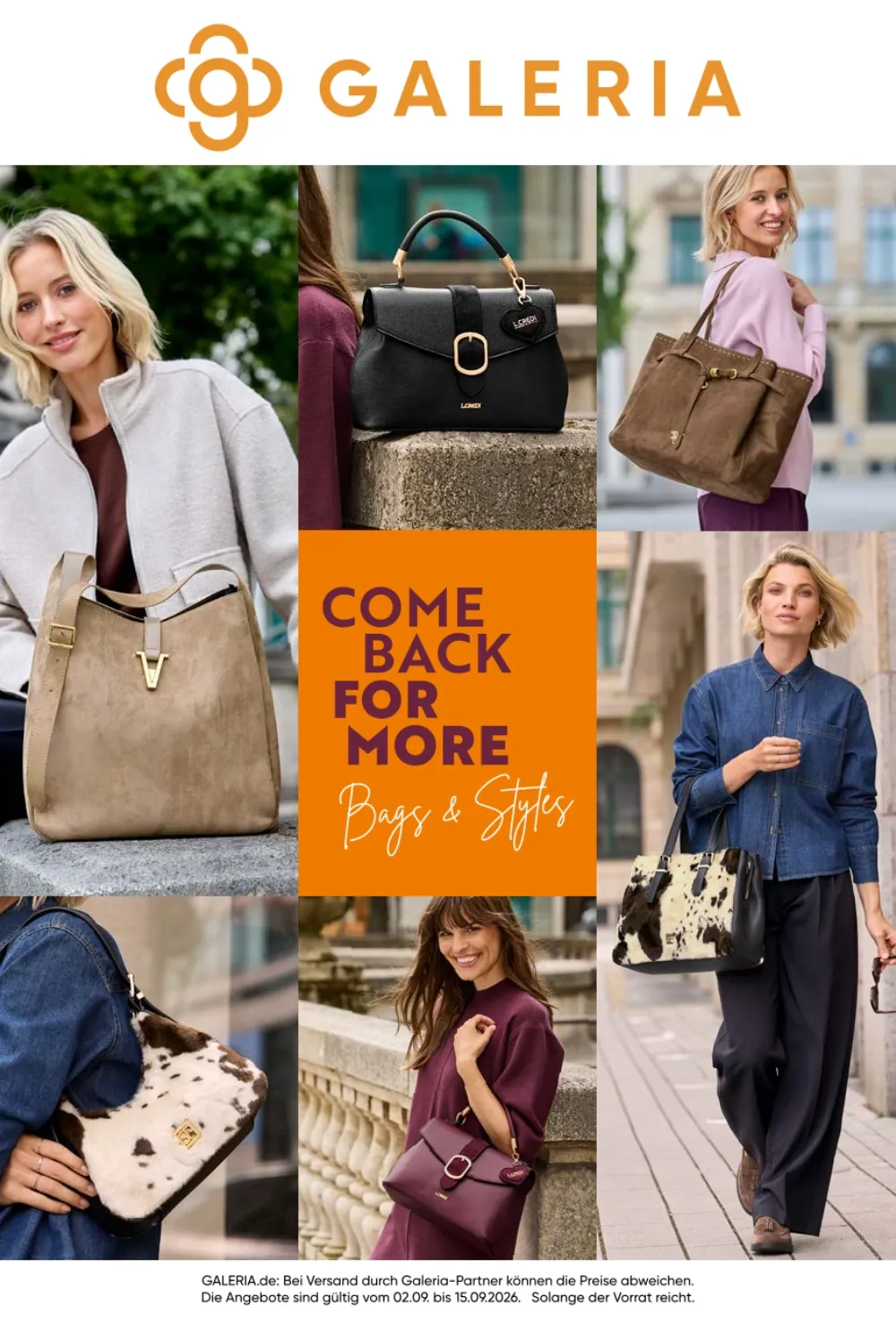 GALERIA Prospekt ab 02 09 2026 Seite 1 mit L.Credi Handtaschen 19V69 Shopper und Damen Beuteltaschen