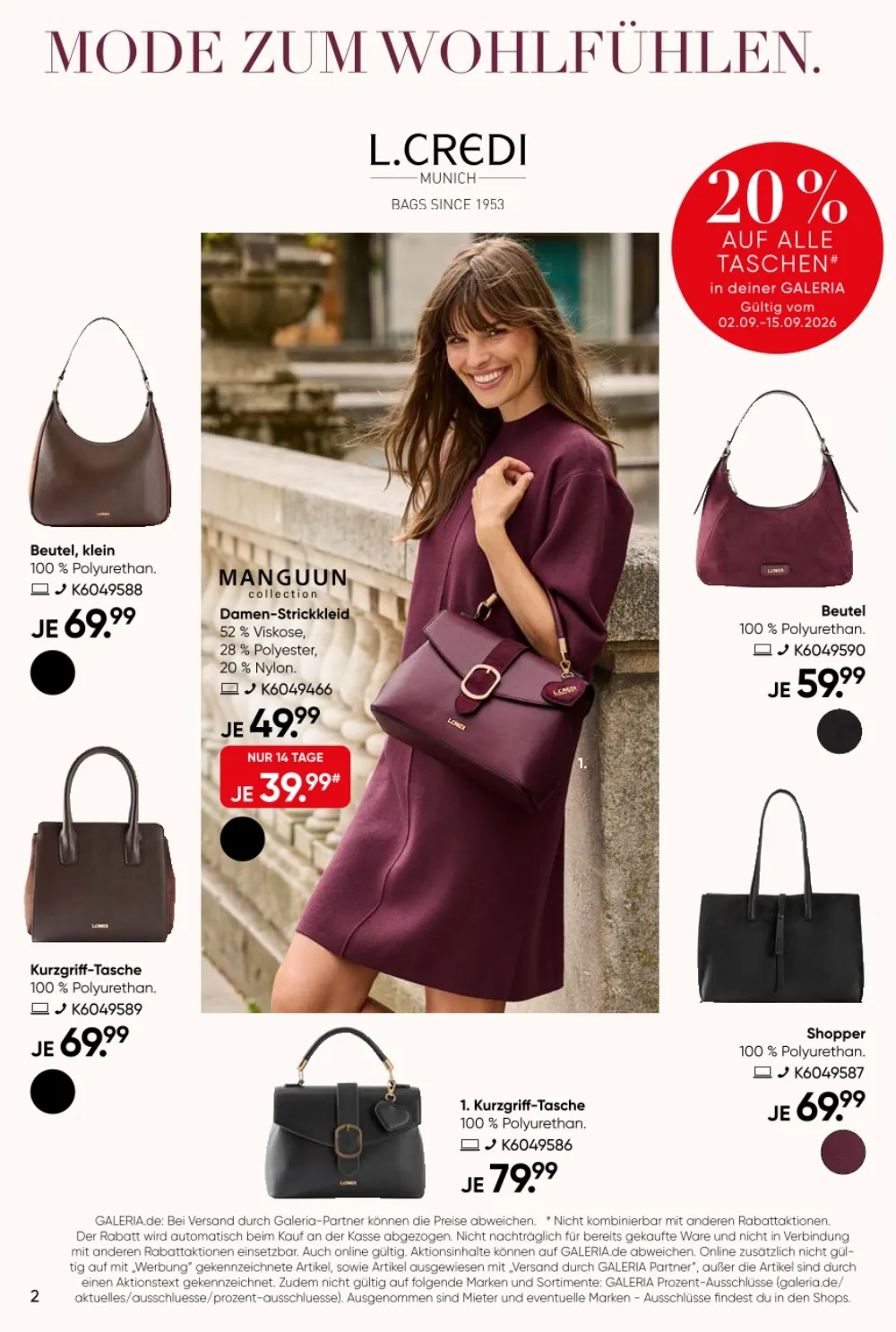 GALERIA Prospekt KW 36 37 Seite 2 mit L.Credi Damen Handtaschen Beuteltaschen und Manguun Strickkleid