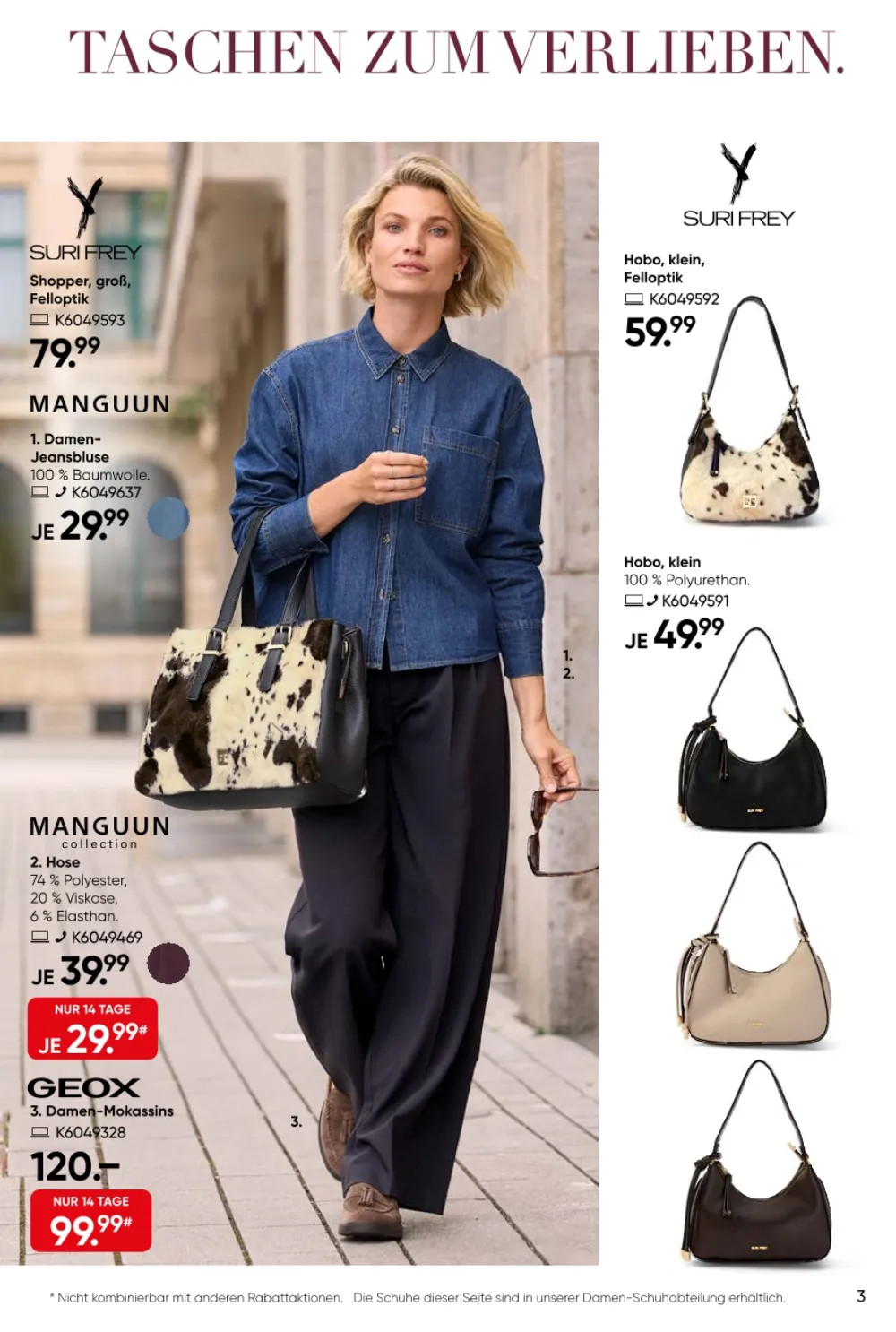 GALERIA Prospekt KW 36 37 Seite 3 mit Suri Frey Shopper Hobo Tasche Manguun Jeansbluse und Geox Mokassins