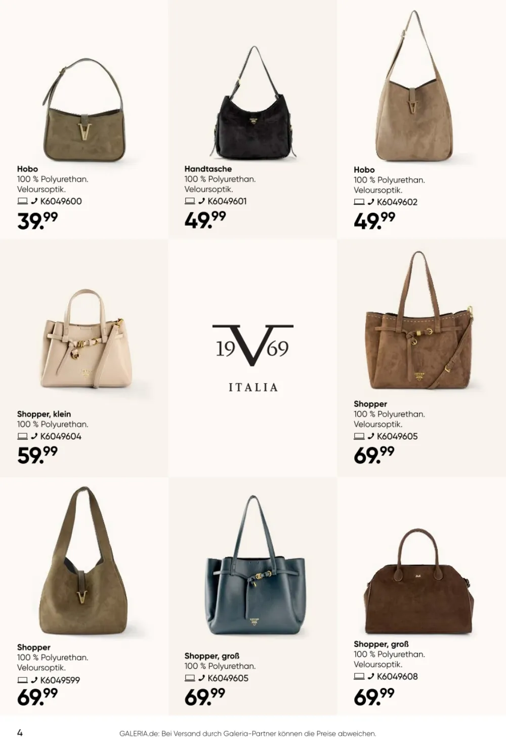 GALERIA Prospekt KW 36 37 Seite 4 mit 19V69 Italia Hobo Tasche Handtaschen und Shopper in Veloursoptik