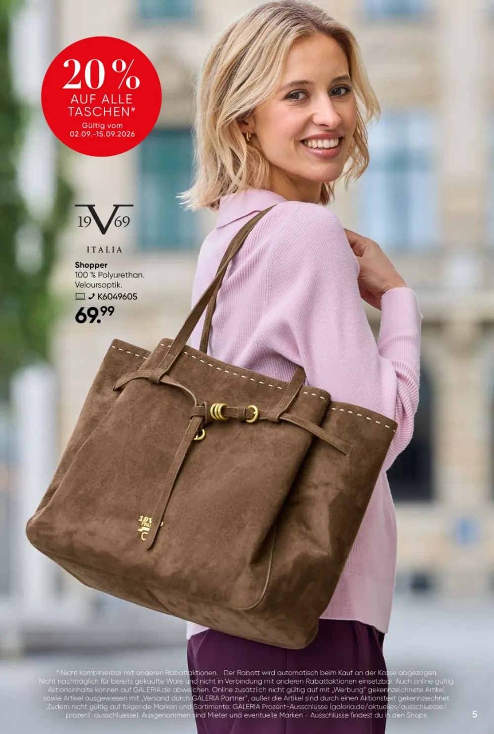 GALERIA Prospekt KW 36 37 Seite 5 mit 19V69 Italia Damen Shopper in Veloursoptik und 20 Prozent Rabatt