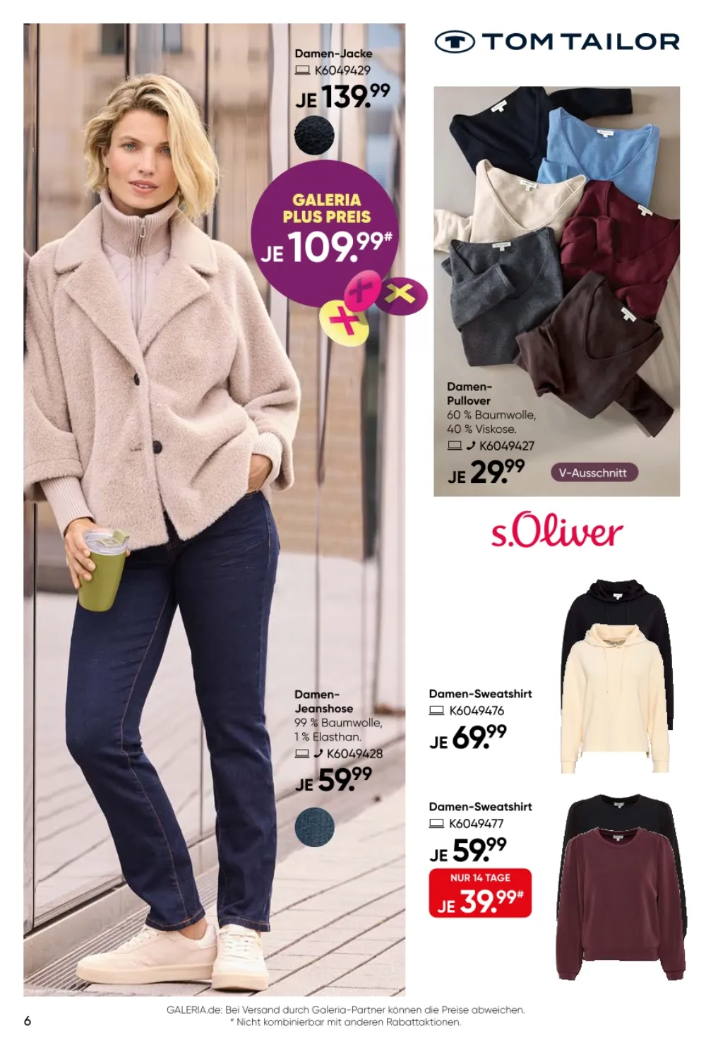 GALERIA Prospekt KW 36 37 Seite 6 mit Damen Jacke Jeanshose Tom Tailor Pullover und s.Oliver Sweatshirt