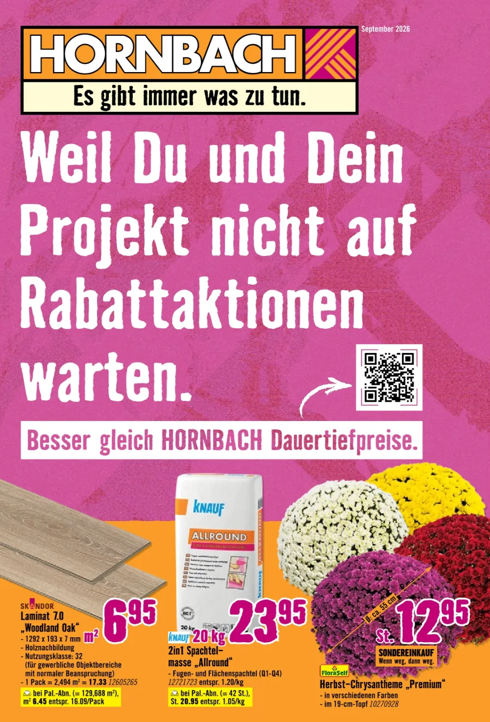 HORNBACH Prospekt ab September 2026 Seite 1 mit Skandor Laminat Knauf Spachtelmasse und FloraSelf Herbst-Chrysanthemen