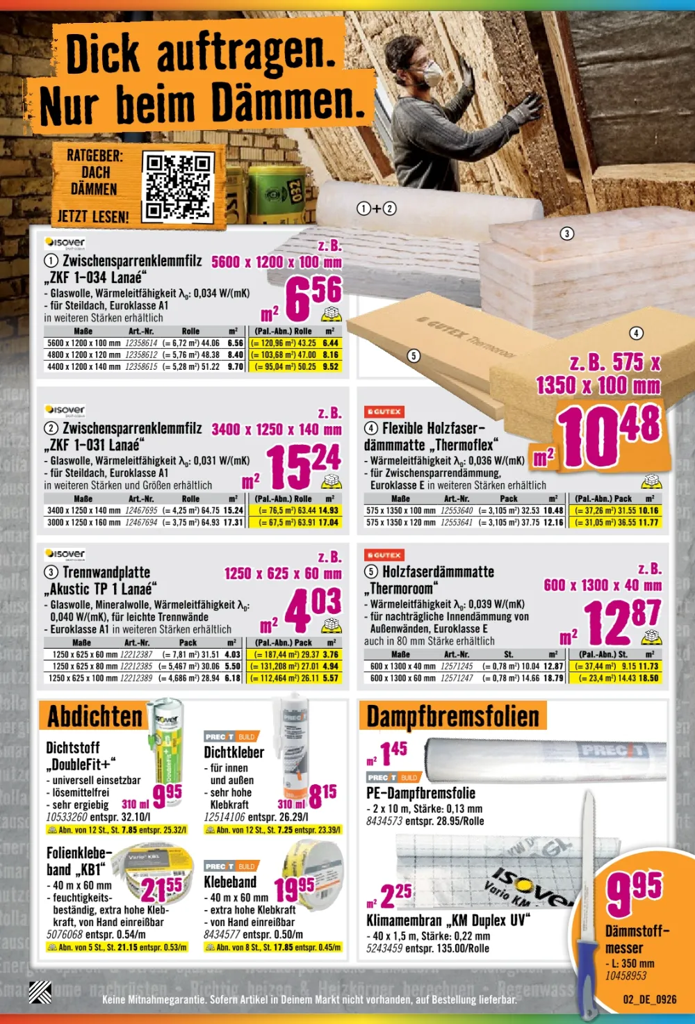 HORNBACH Prospekt KW 37 Seite 2 mit Isover Klemmfilz Gutex Holzfaserdämmplatte PE-Dampfbremsfolie und Dämmstoffmesser