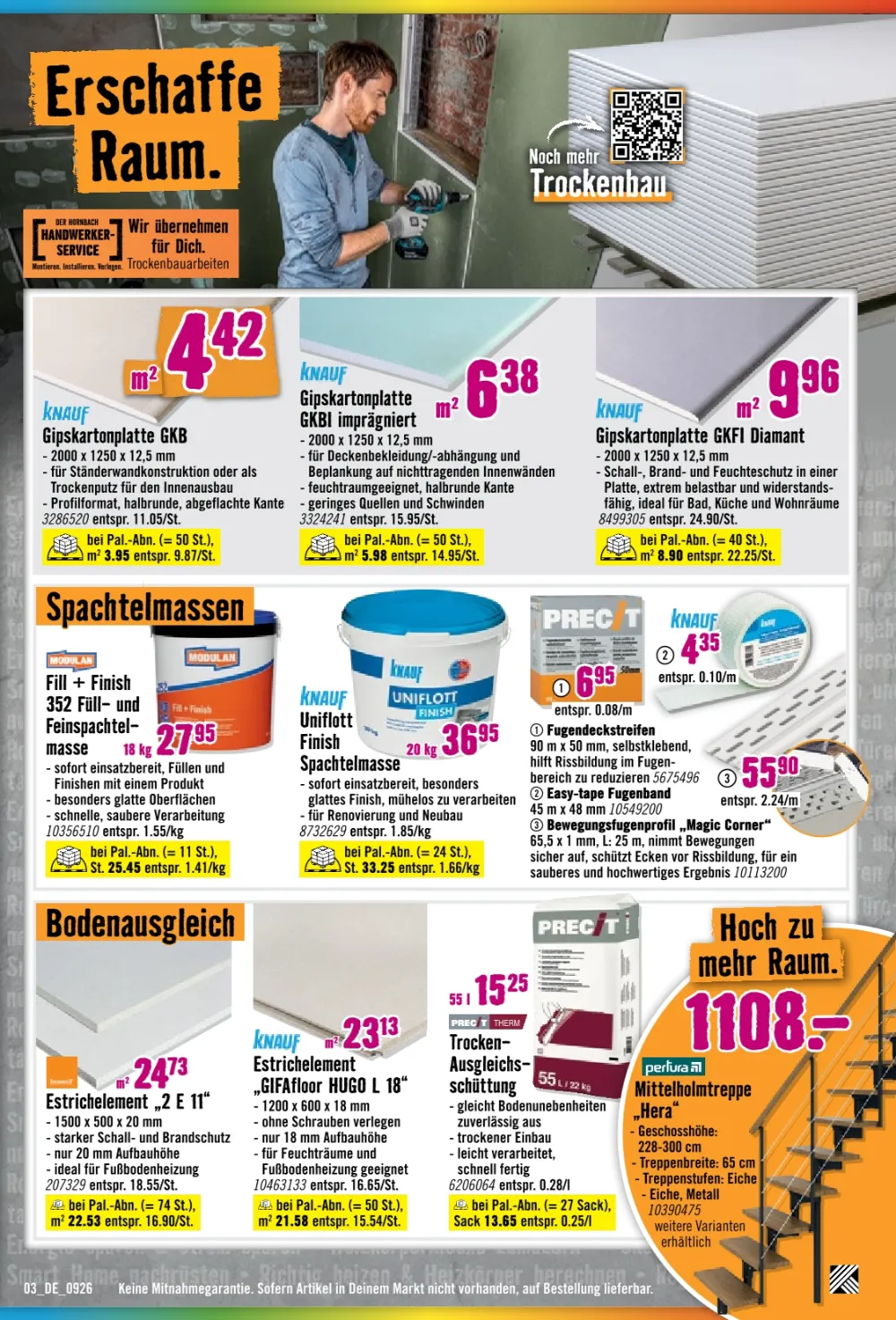 HORNBACH Prospekt KW 37 Seite 3 mit Knauf Gipskartonplatten Modulan Spachtelmasse Estrichelement und Mittelholmtreppe