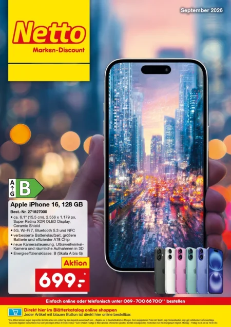 Netto Marken-Discount Bestellmagazin: September-Angebote online blättern Netto Marken-Discount Prospekt ab 01.09.2026 Seite 1 mit Apple iPhone 16 128 GB