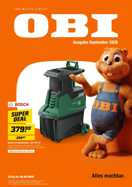 OBI Prospekt ab 01.09.2026 Seite 1 mit Bosch Gartenhäcksler AXT 25 TC und dem OBI Biber Maskottchen für den Garten.