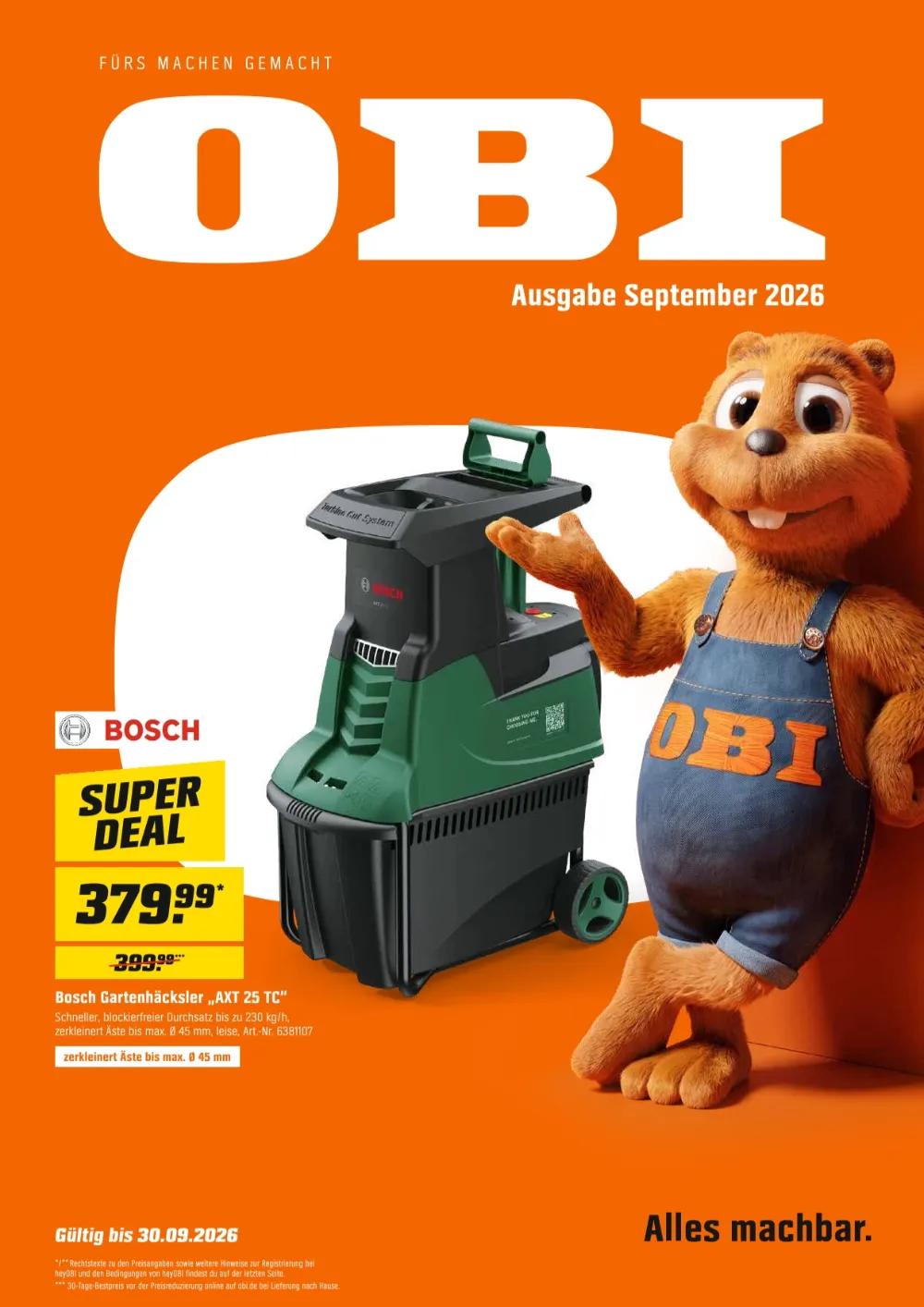 OBI Prospekt ab 01.09.2026 Seite 1 mit Bosch Gartenhäcksler AXT 25 TC und dem OBI Biber Maskottchen für den Garten