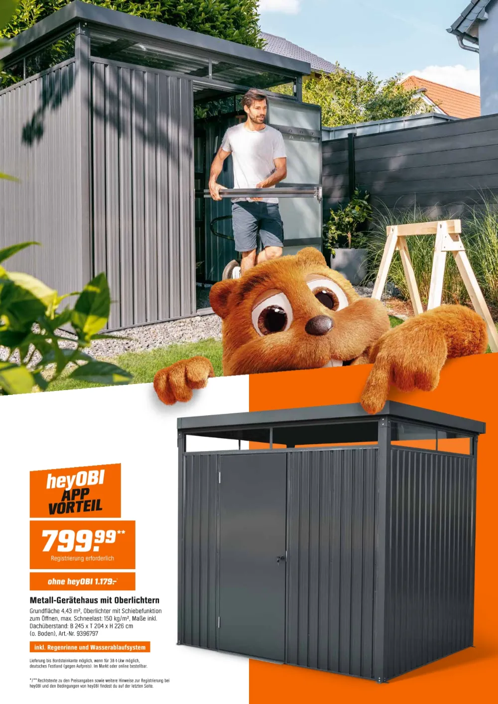 OBI Prospekt Seite 2 mit Metall-Gerätehaus mit Oberlichtern, Schiebefunktion, Regenrinne und heyOBI App Vorteil