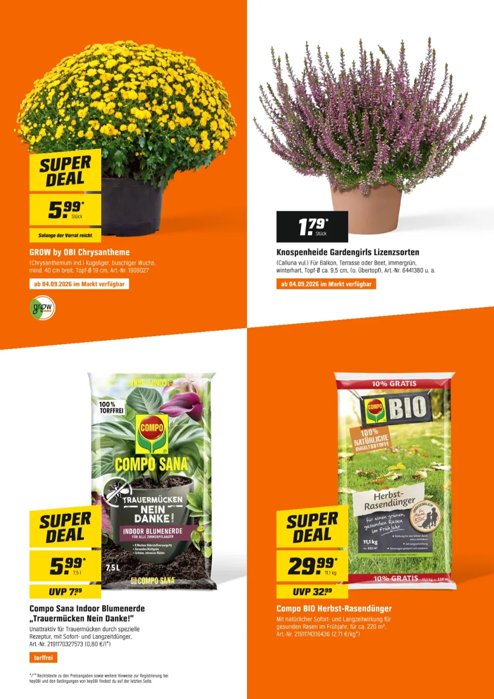 OBI Prospekt Seite 3 mit GROW Chrysantheme, Knospenheide Gardengirls, Compo Sana Blumenerde und Herbst-Rasendünger