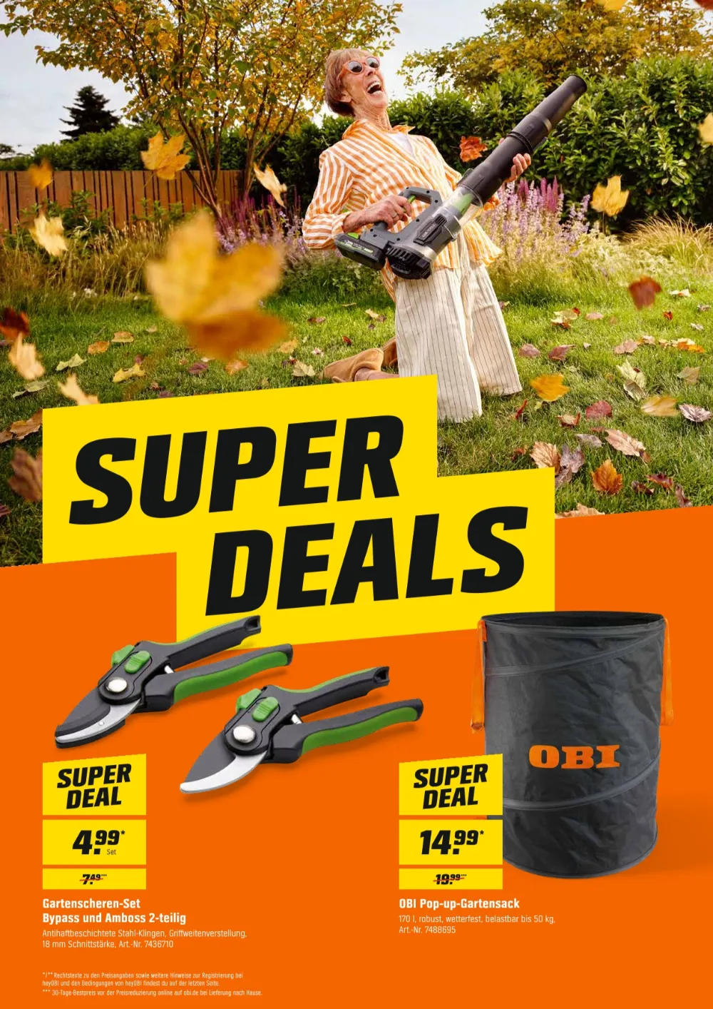 OBI Prospekt Seite 4 mit 2-teiligem Gartenscheren-Set Bypass und Amboss sowie wetterfestem OBI Pop-up-Gartensack
