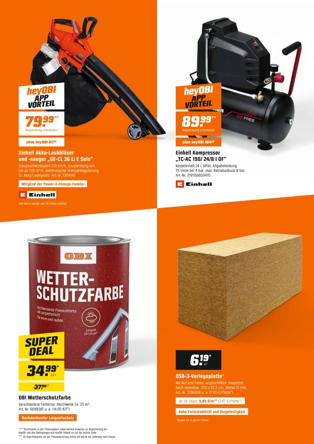 OBI Prospekt Seite 5 mit Einhell Akku-Laubbläser, Einhell Kompressor, OBI Wetterschutzfarbe und OSB-3-Verlegeplatte