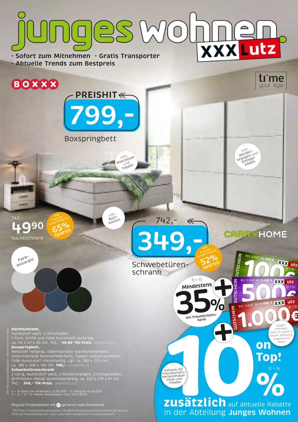 XXXLutz Junges Wohnen Prospekt KW 36–37 Seite 1 mit Boxspringbett, Nachtschrank und Schwebetürenschrank