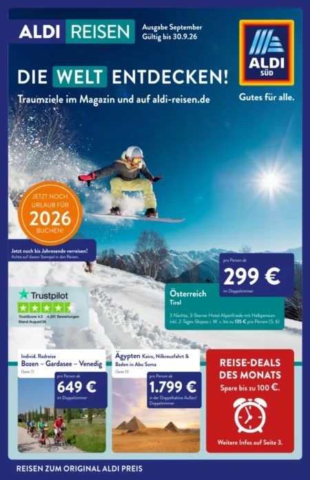 Aldi Süd Reisen Prospekt September 2026 ALDI Süd Reisen Prospekt ab 01.09.2026 Seite 1 mit Urlaubsreisen nach Tirol, einer Radreise nach Venedig und Nilkreuzfahrt.