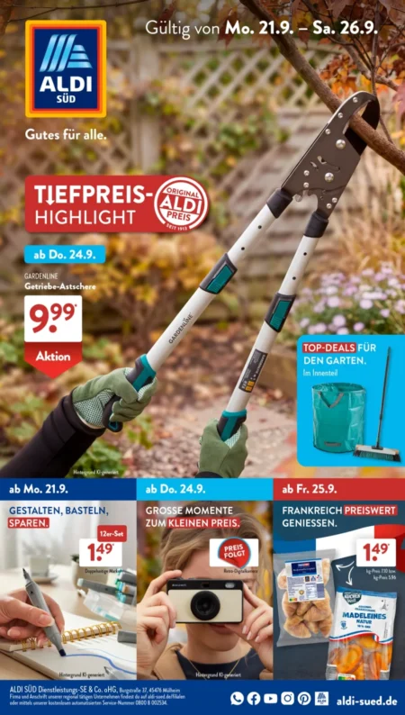 Aldi Süd Angebote im Prospekt ab 21.09.2026 (KW 39) ALDI SÜD Angebote ab 21.09.2026 Seite 1 mit Angeboten für Astschere, Marker, Digitalkamera & Madeleines