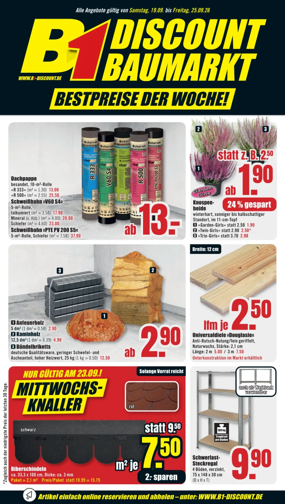 B1 Discount Baumarkt Prospekt ab 12.09.2026 Seite 1 mit Dachpappe, Knospenheide, Kaminholz, Diele und Schwerlastregal