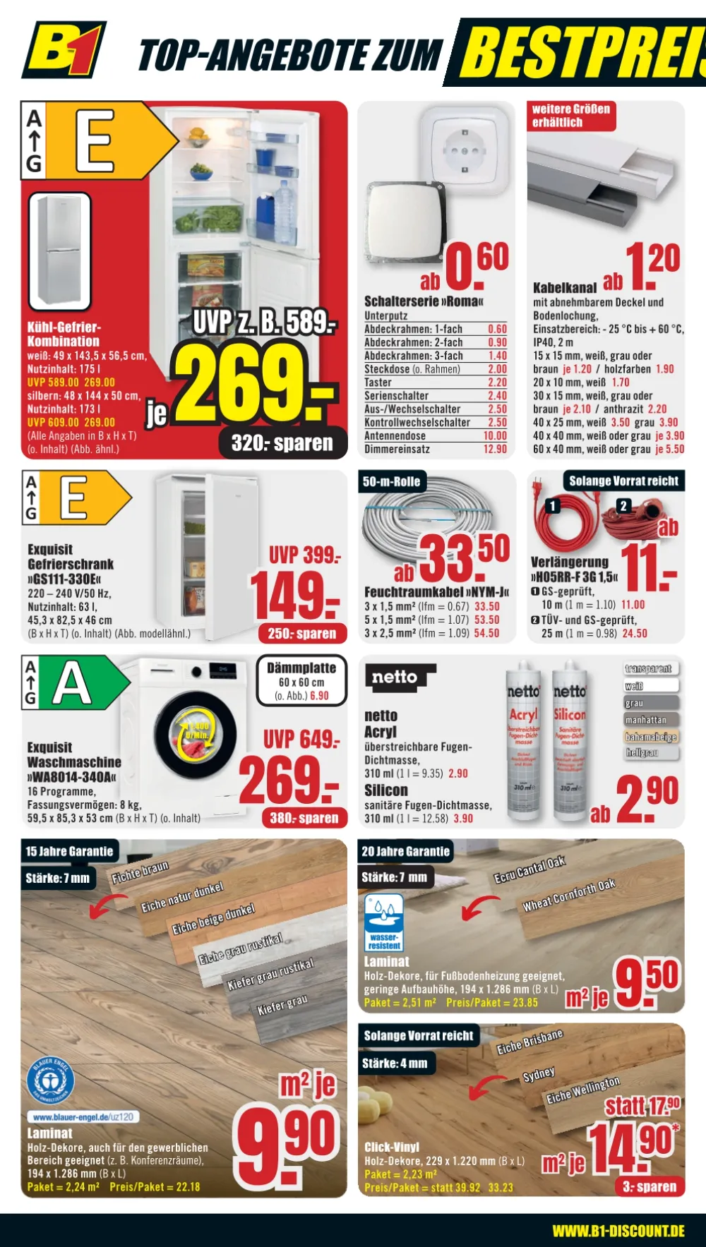 B1 Discount Baumarkt Prospekt KW 38 Seite 2 mit Kühl-Gefrier-Kombination, Waschmaschine, Kabelkanal, Acryl und Laminat