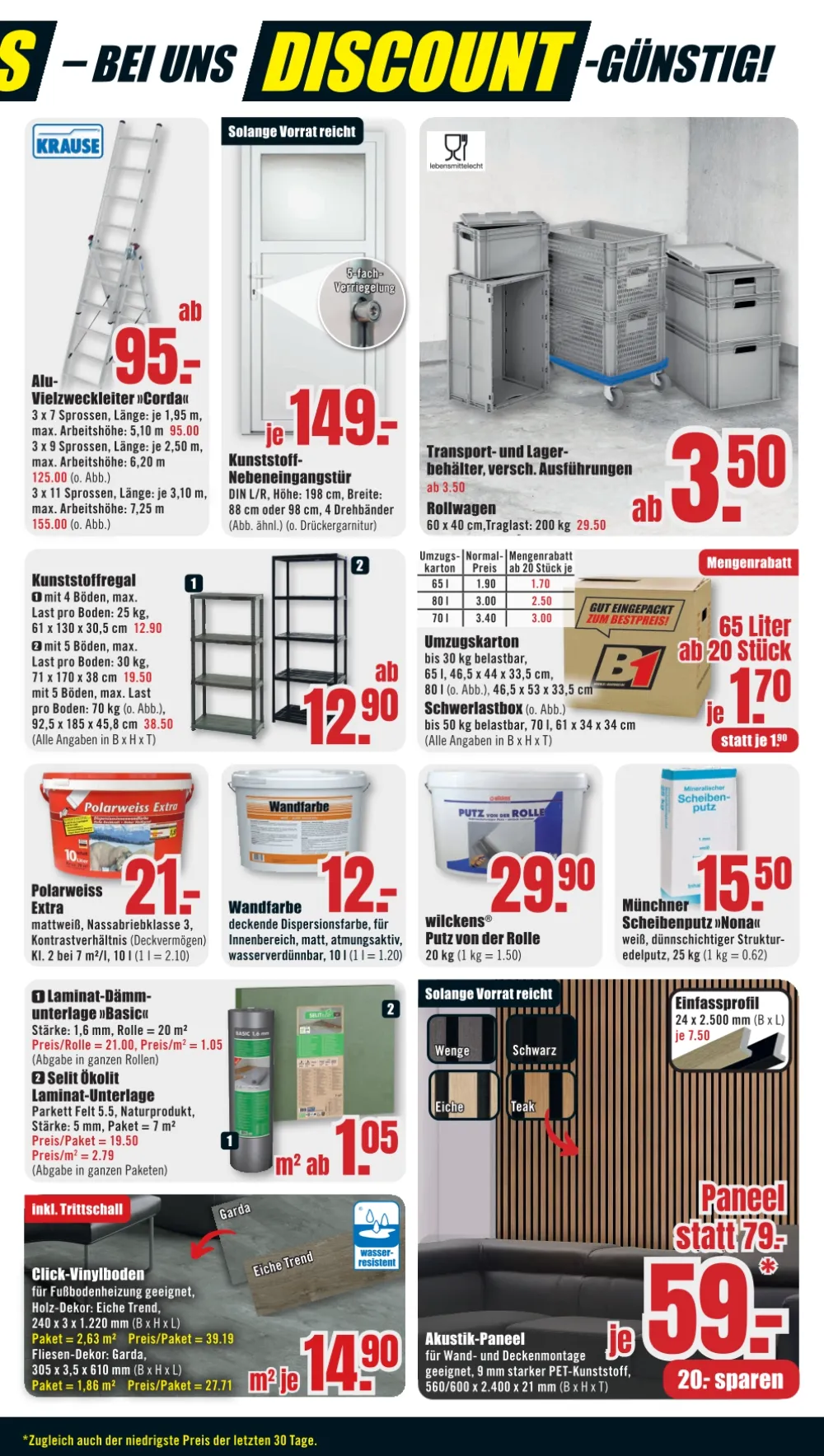 B1 Discount Baumarkt Prospekt KW 38 Seite 3 mit Vielzweckleiter, Nebeneingangstür, Wandfarbe, Laminat und Akustik-Paneel