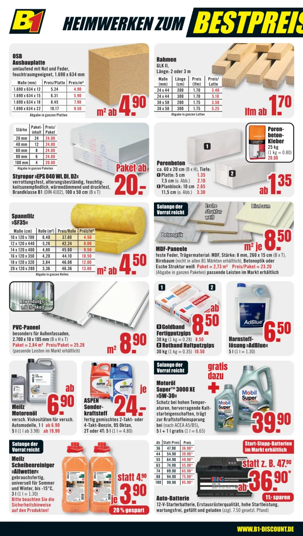 B1 Discount Baumarkt Prospekt KW 38 Seite 4 mit OSB-Ausbauplatte, Porenbeton, MDF-Paneele, Fertigputzgips und Motoröl
