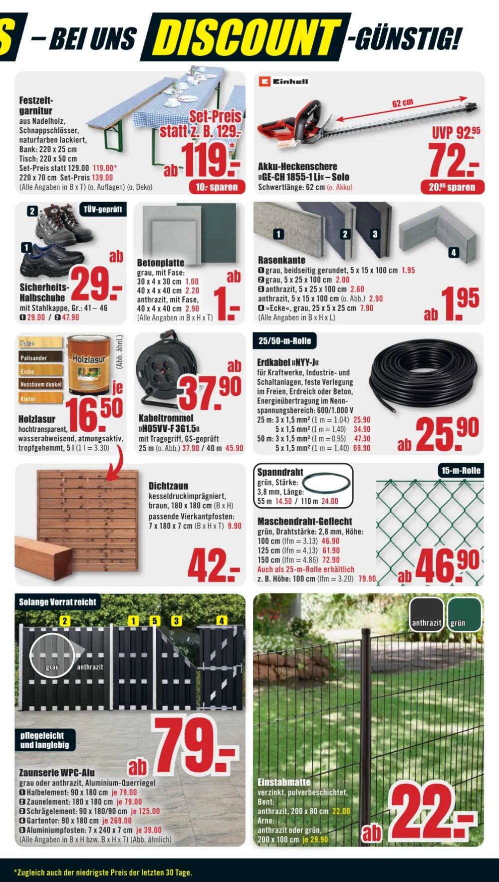 B1 Discount Baumarkt Prospekt KW 38 Seite 5 mit Festzeltgarnitur, Einhell Heckenschere, Holzlasur, Dichtzaun und Erdkabel