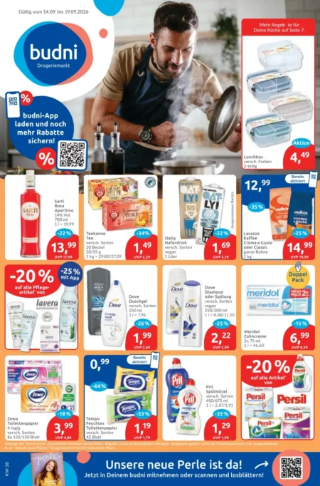 Budni Prospekt ab 14.09.2026 (KW 38) budni Prospekt ab 14.09.2026 Seite 1 mit Sarti Rosa, Teekanne Tee, Oatly, Lavazza Kaffee, Dove Duschgel, Pril und Persil