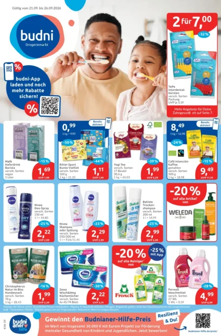 Budni Prospekt ab 21.09.2026 (KW 39 ) Budni Prospekt ab 21.09.2026 Seite 1 mit TePe Interdentalbürsten, Mølk Haferdrink, Ritter Sport und Nivea