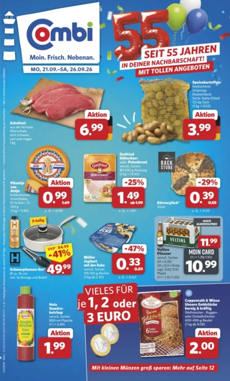 Combi Prospekt ab 21.08.2026 (KW 39) Combi Prospekt ab 21.09.2026 Seite 1 mit Schnitzel, Kartoffeln, Pikantje Käse, Gutfried, Müller Joghurt & Veltins Pils.