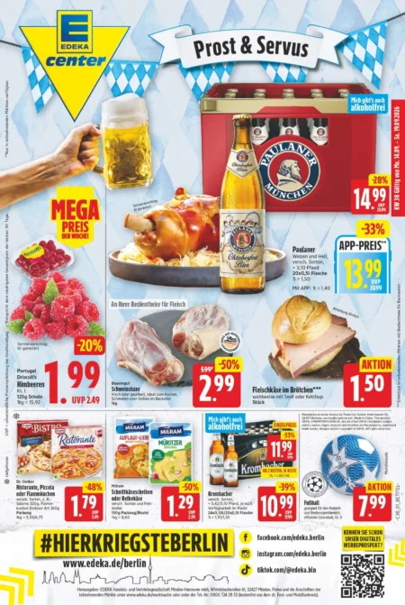 E Center Berlin Prospekt ab 14.09.2026 (KW 38) E-Center Prospekt ab 14.09.2026 Seite 1 für Paulaner Bier, Himbeeren, Schweinshaxe, Milram Käse und Ristorante Pizza