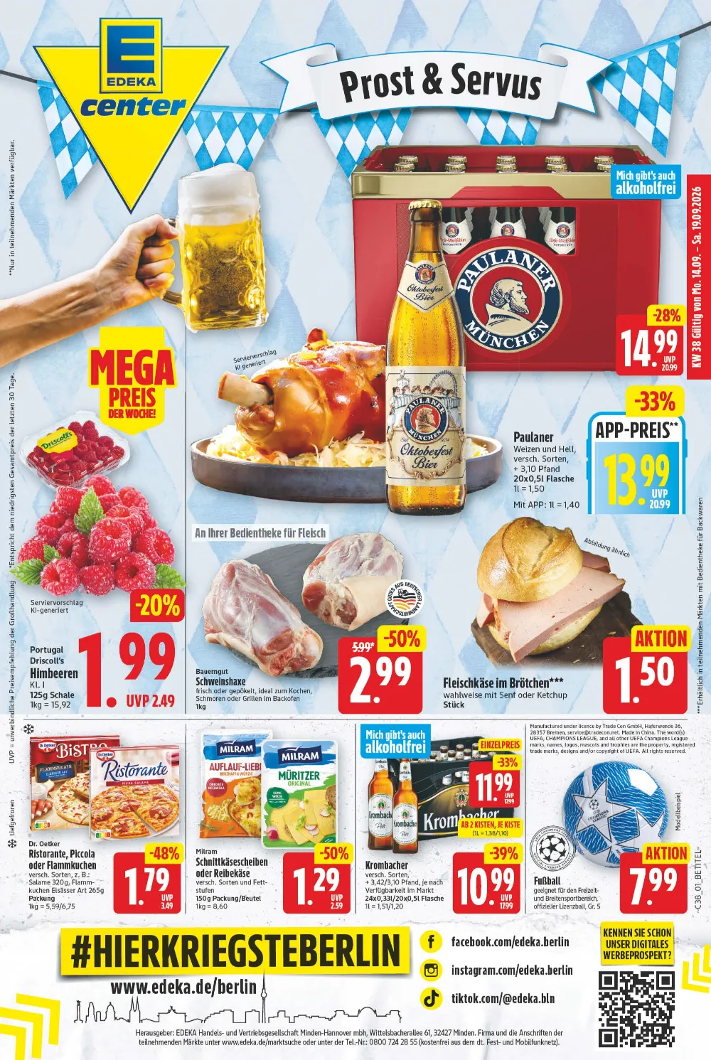 E-Center Prospekt ab 14.09.2026 Seite 1 für Paulaner Bier, Himbeeren, Schweinshaxe, Milram Käse und Ristorante Pizza