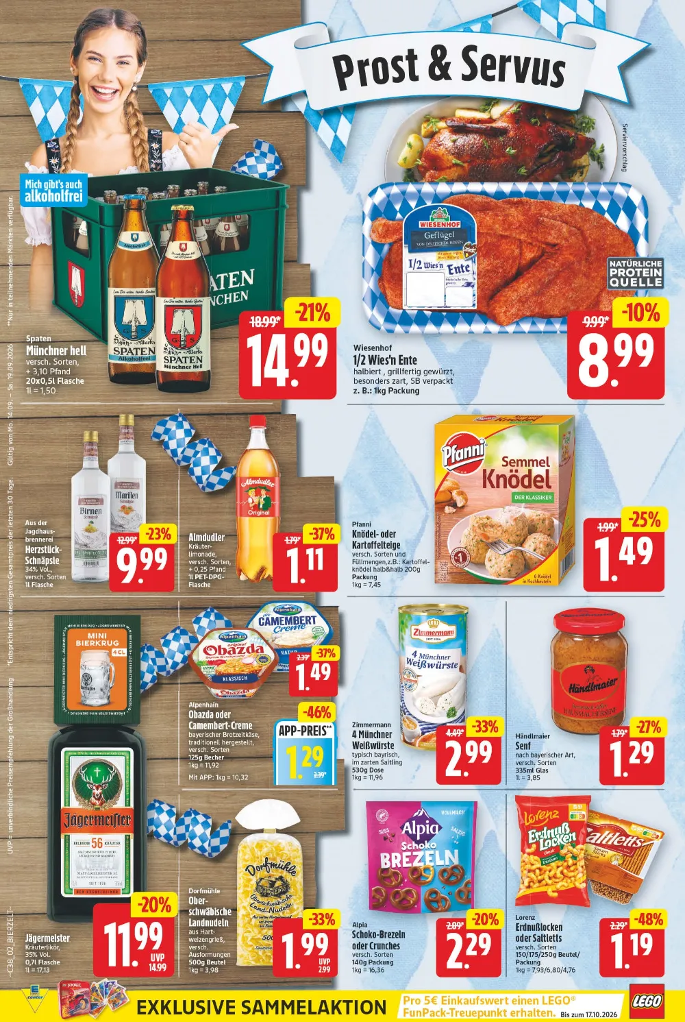E-Center Prospekt KW 38 Seite 2 für Spaten Bier, Wies'n Ente, Pfanni Knödel, Jägermeister, Obazda und Händlmaier Senf