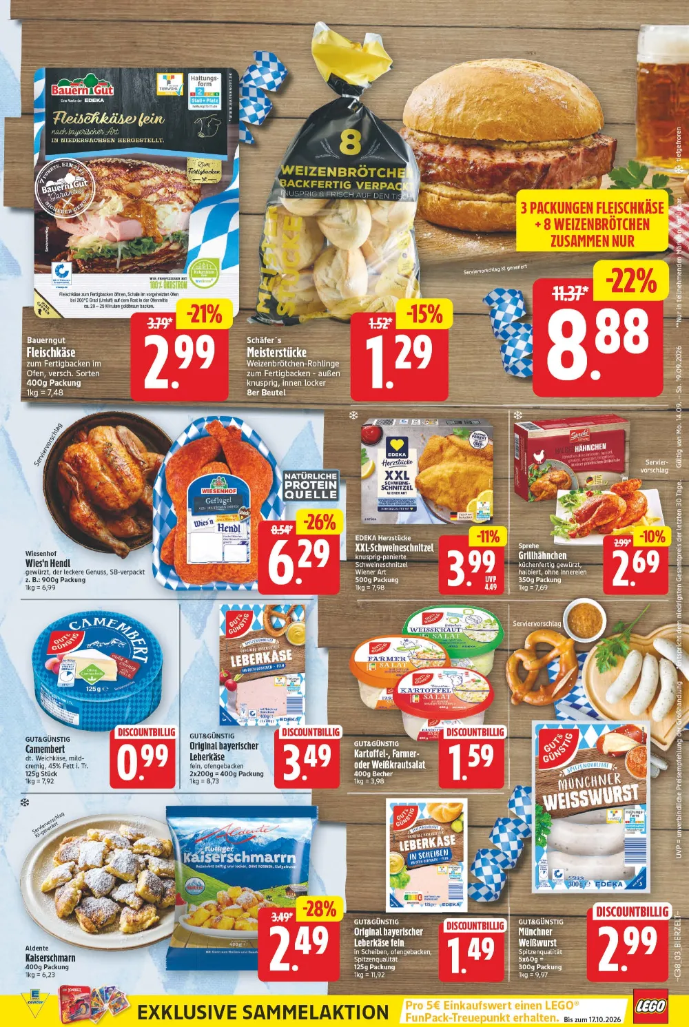 E-Center Prospekt KW 38 Seite 3 für Fleischkäse, Weizenbrötchen, Wies'n Hendl, Schweineschnitzel und Kaiserschmarrn