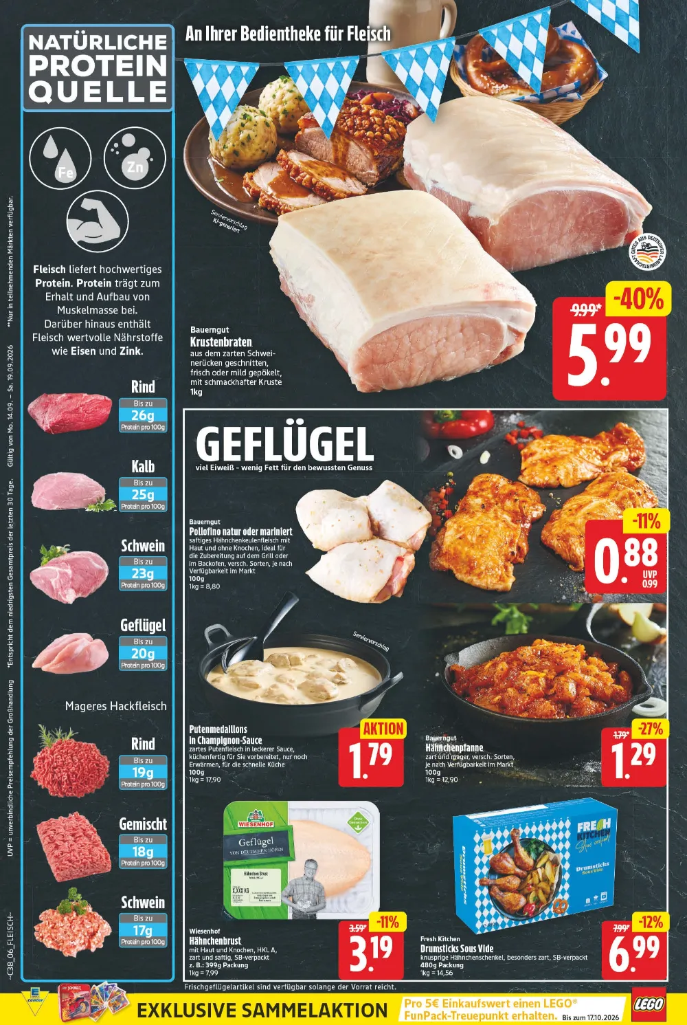 E-Center Prospekt KW 38 Seite 6 für Krustenbraten, Pollofino, Putenmedaillons, Hähnchenpfanne und Hähnchenbrust