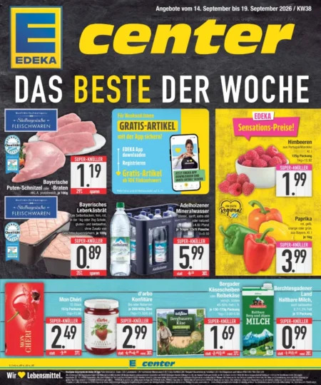 E Center Prospekt ab 14.09.2026 (KW 38) E-Center Prospekt ab 14.09.2026 Seite 1 für Puten-Schnitzel, Adelholzener Mineralwasser, Himbeeren und Mon Chéri
