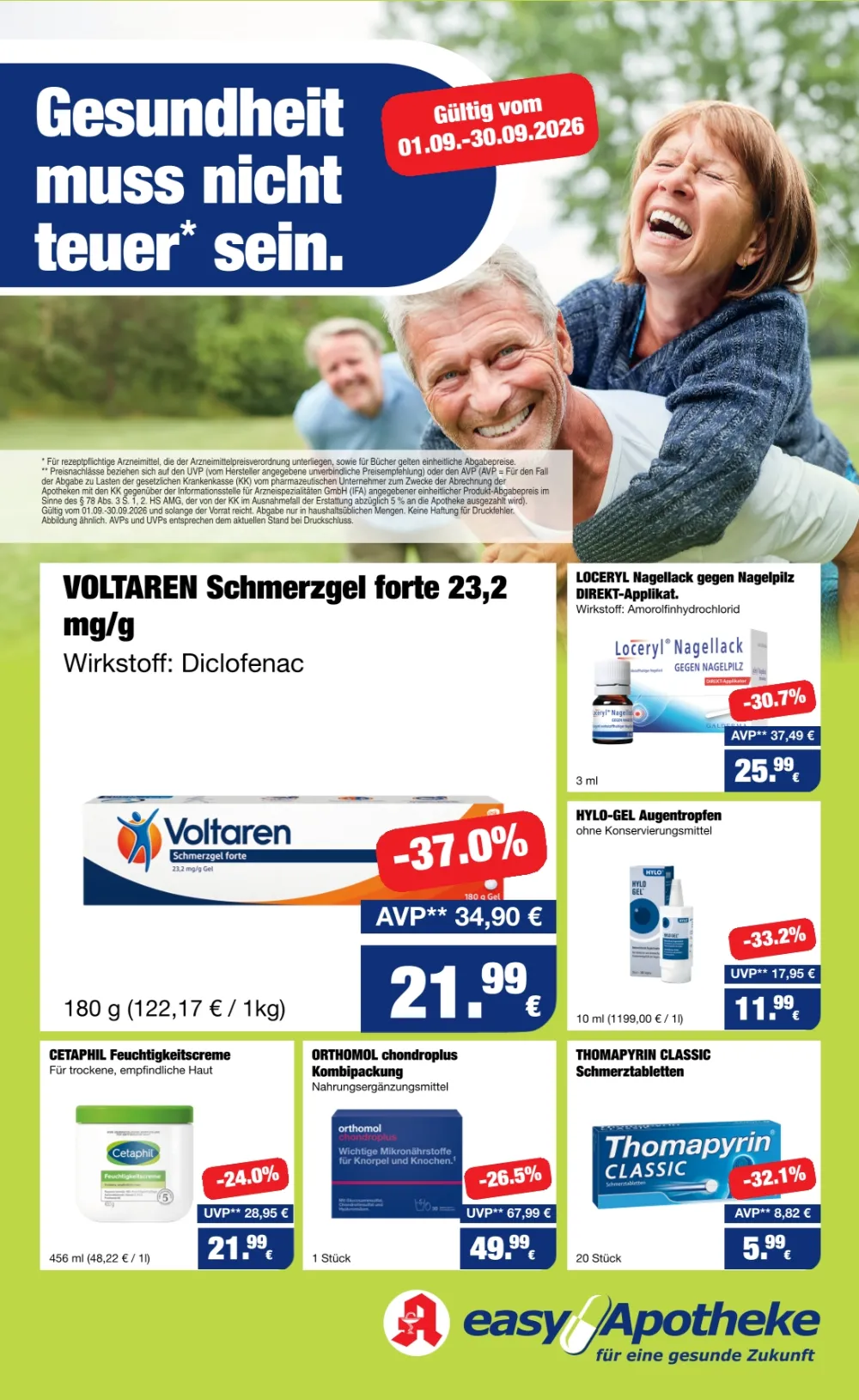 easyApotheke Prospekt ab 01.09.2026 Seite 1 mit Voltaren Schmerzgel, Loceryl Nagellack, Hylo-Gel und Thomapyrin