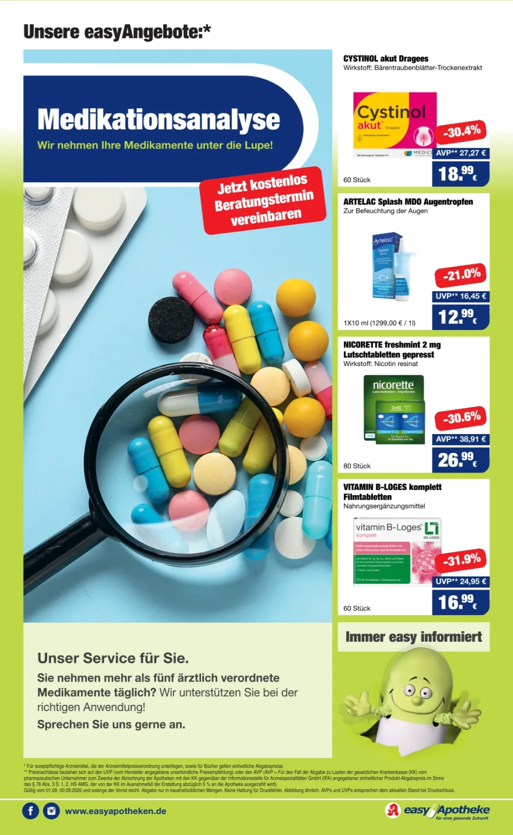 easyApotheke Prospekt Seite 3 mit Medikationsanalyse, Cystinol akut, Artelac Splash, Nicorette und Vitamin B-Loges