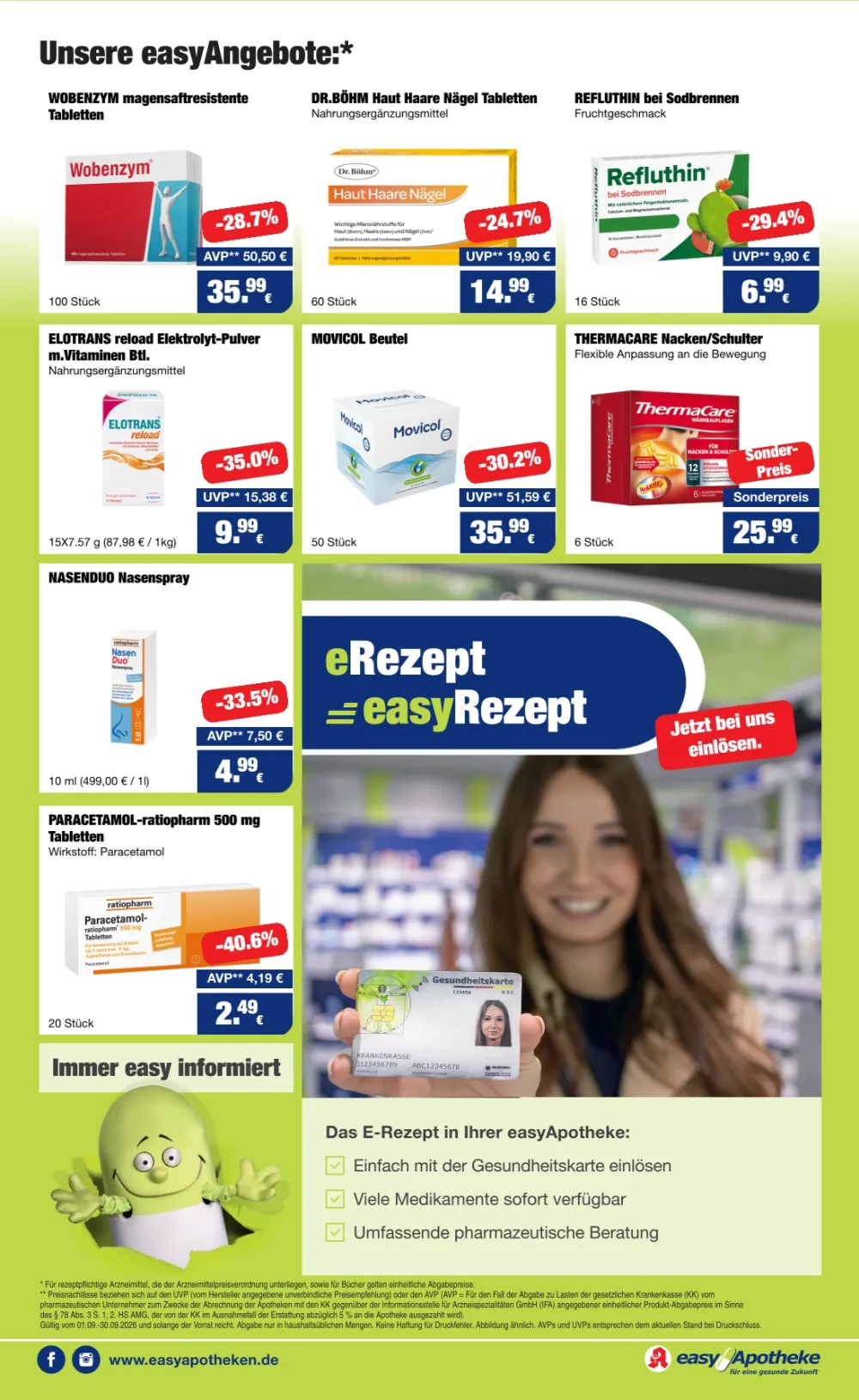 easyApotheke Prospekt Seite 4 mit Wobenzym, Elotrans reload, ThermaCare, Paracetamol und Informationen zum eRezept