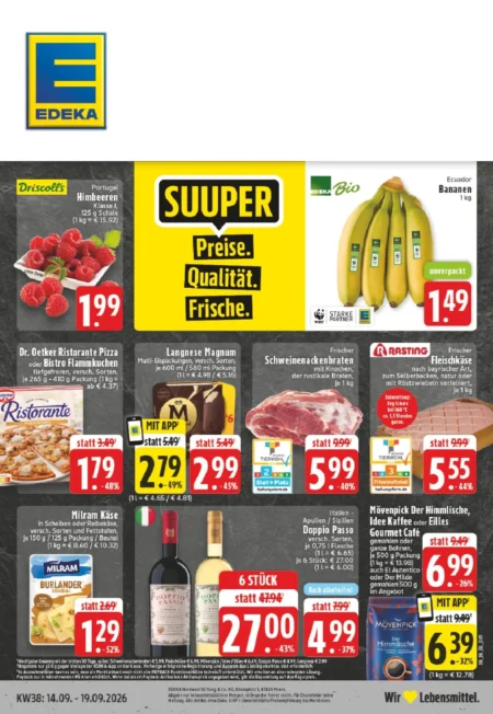 Edeka Dortmund Prospekt ab 14.09.2026 (KW 38) Edeka Dortmund Prospekt ab 14.09.2026 Seite 1 für Himbeeren, Bio-Bananen, Ristorante Pizza, Magnum Eis und Doppio Passo