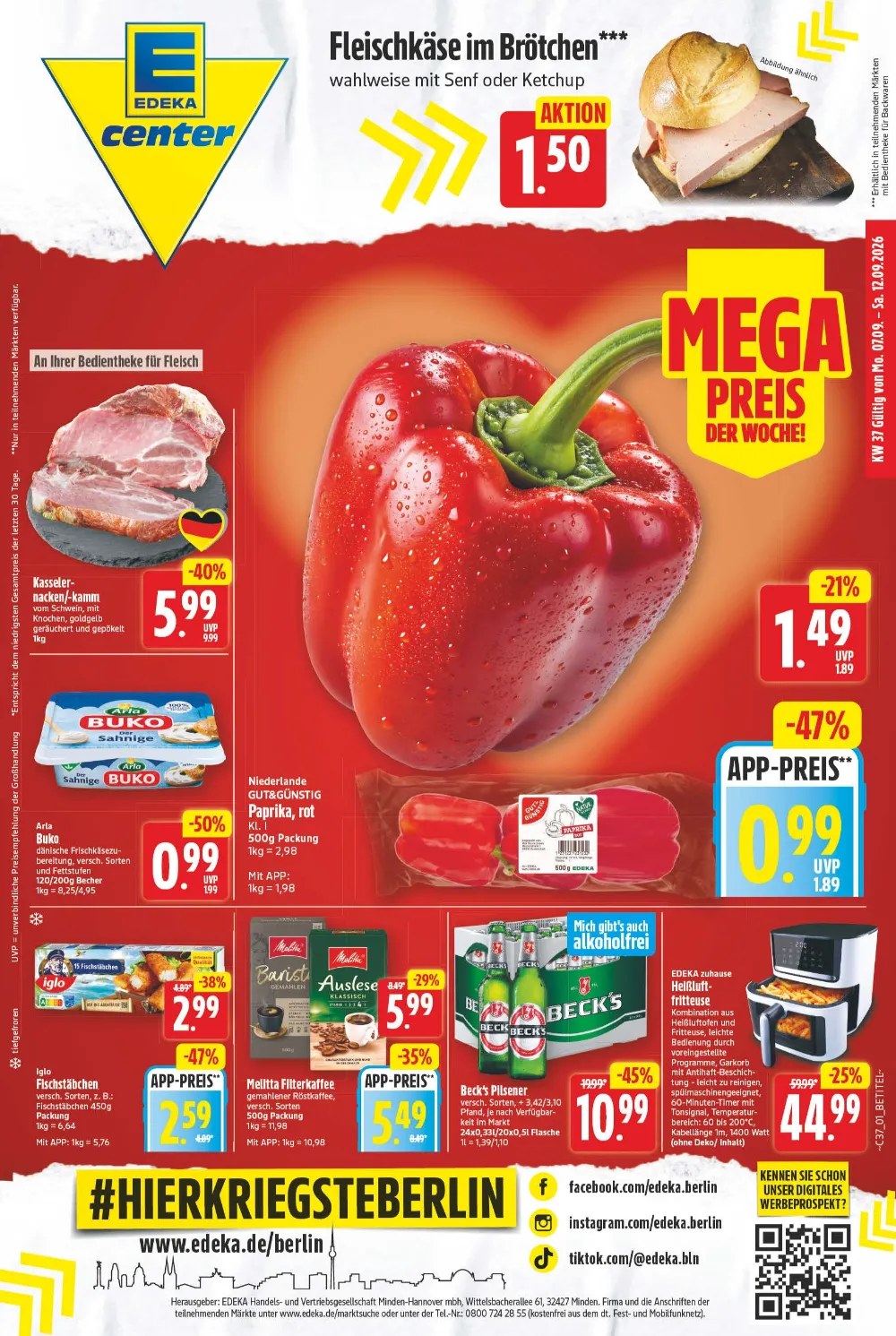 Edeka Prospekt ab 07.09.2026 Seite 1 mit Fleischkäse im Brötchen, Kasselernacken, Paprika, Arla Buko & Melitta Kaffee.