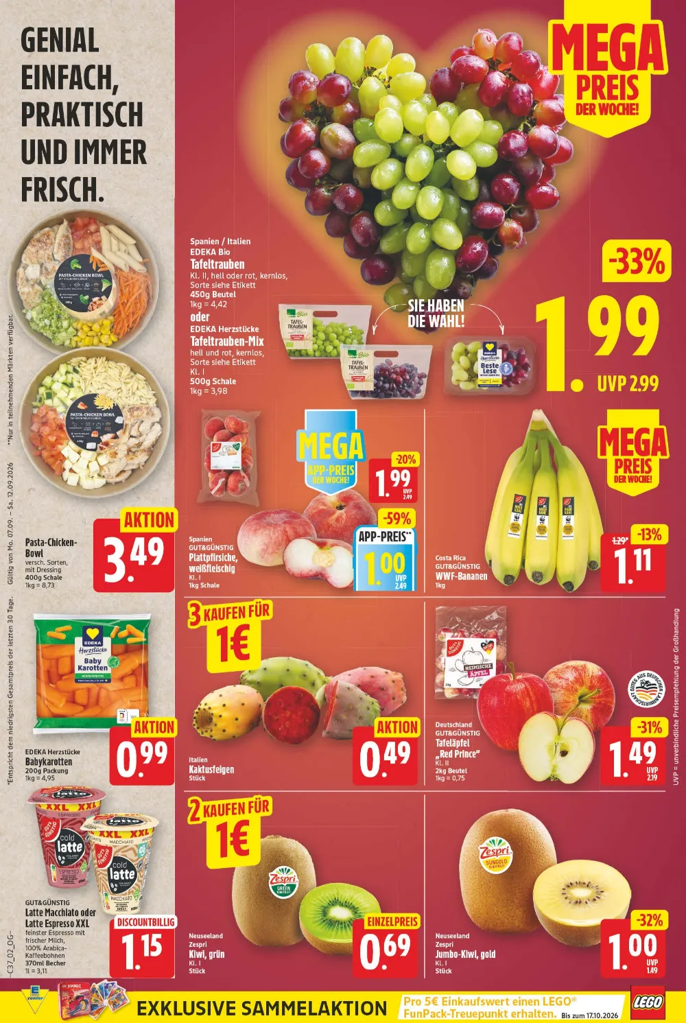 Edeka Prospekt KW 37 Seite 2 mit EDEKA Bio Tafeltrauben, Bananen, Babykarotten, Kaktusfeigen, Äpfeln & Zespri Kiwis.