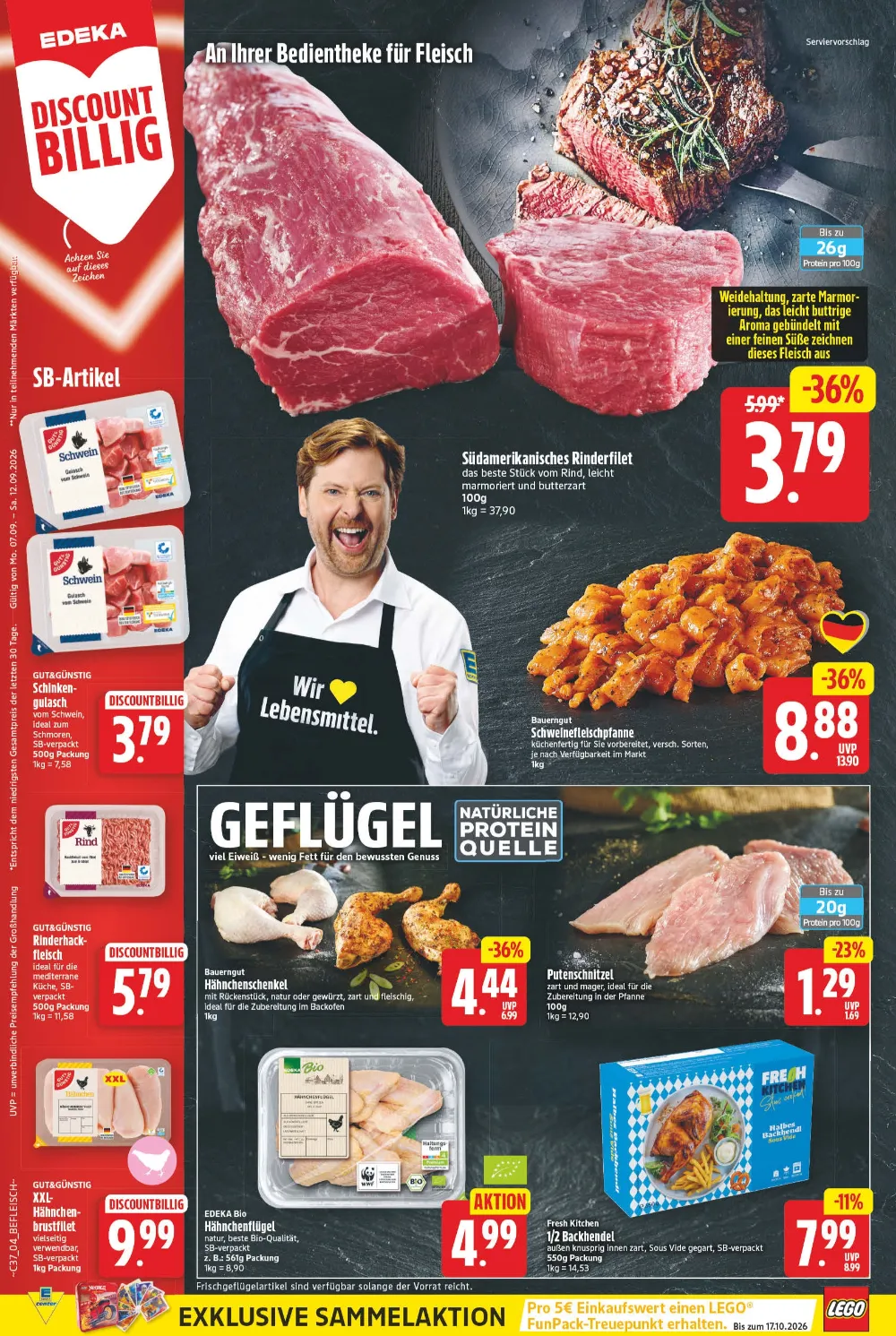 Edeka Prospekt KW 37 Seite 4 mit Rinderfilet, Schinkengulasch, Rinderhackfleisch, Putenschnitzel & Backhendel.