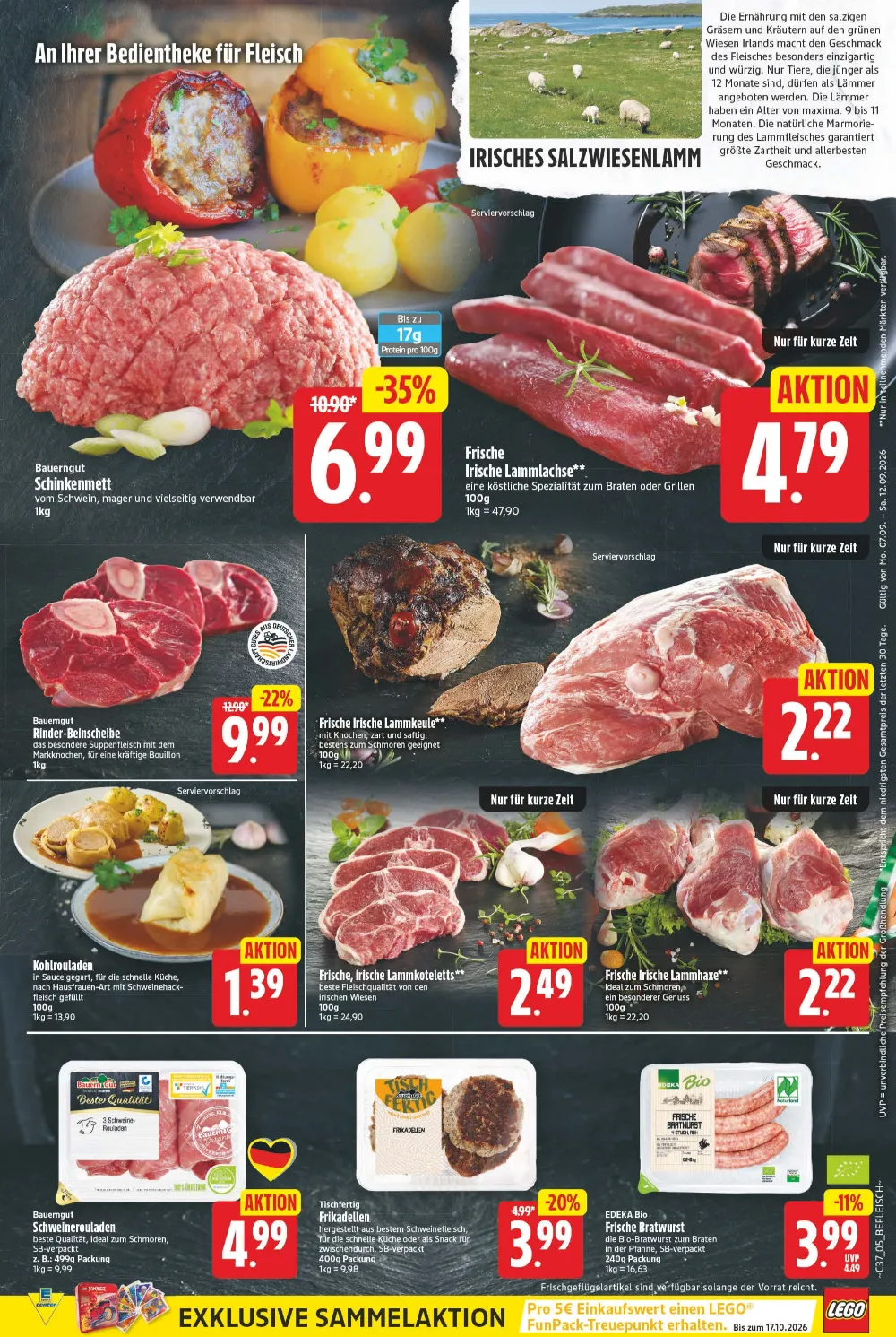 Edeka Prospekt KW 37 Seite 5 mit irischem Salzwiesenlamm, Schinkenmett, Kohlrouladen, Frikadellen & Bratwurst.