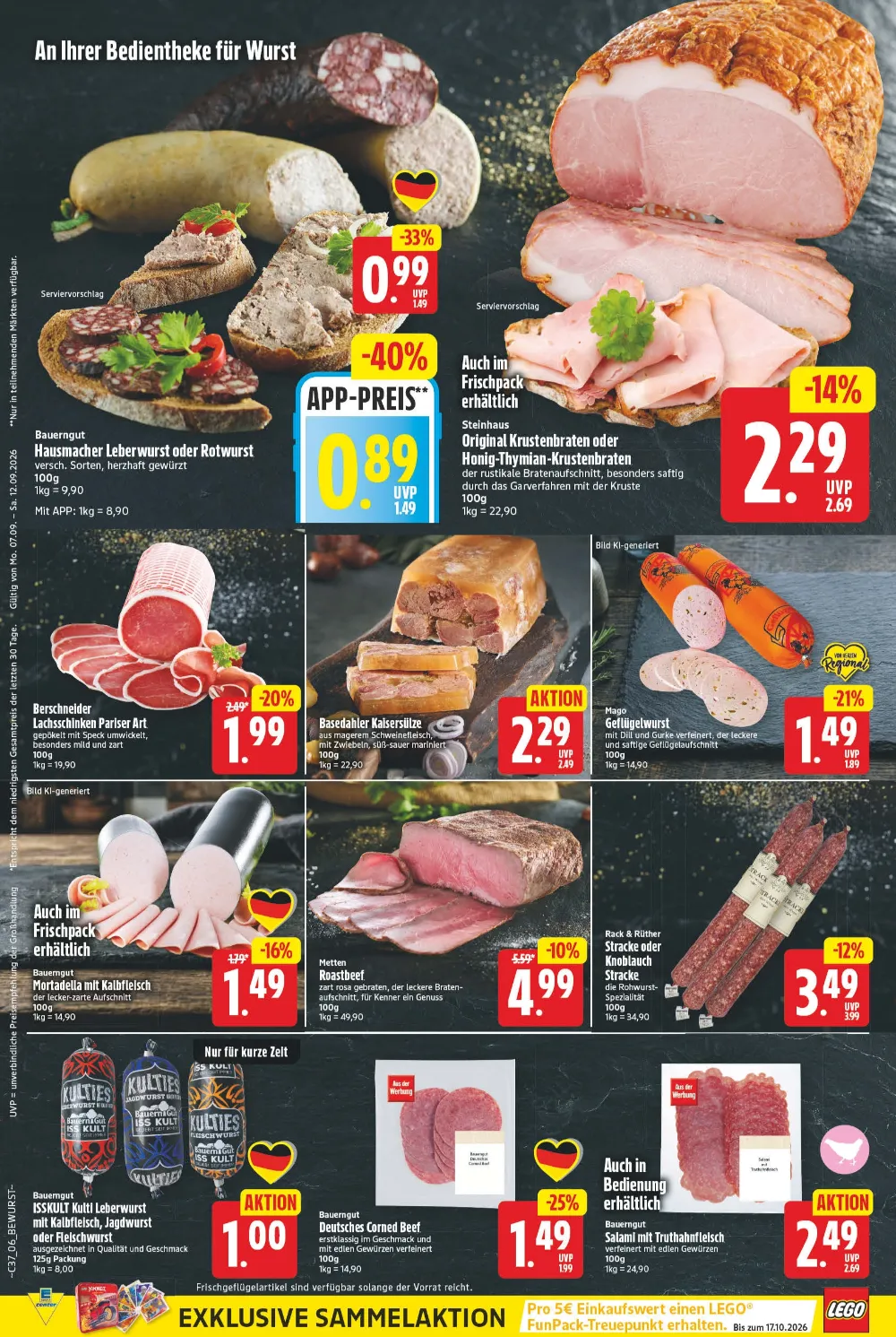 Edeka Prospekt KW 37 Seite 6 mit Original Krustenbraten, Hausmacher Leberwurst, Lachsschinken, Roastbeef & Salami.